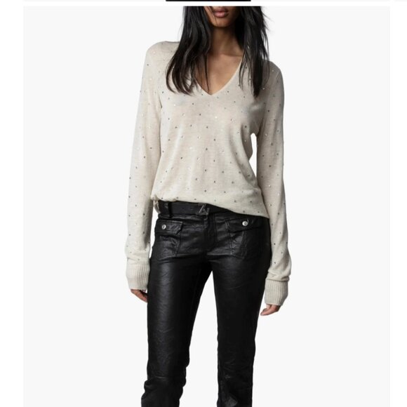Zadig & Voltaire ELYA CP STRASS V-Neck Crystal Cashmere V-Neck Sweater Size XS - Picture 4 of 13